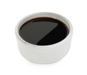 Tasty soy sauce in bowl isolated on white