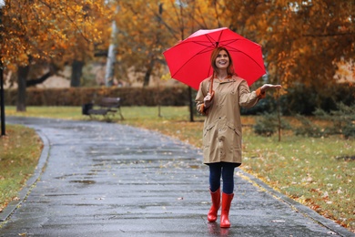 Woman with umbrella taking walk in autumn park on rainy day