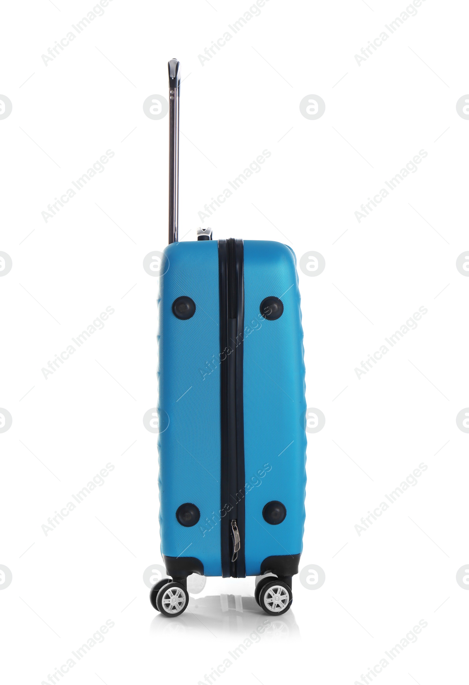 Photo of Blue suitcase for travelling on white background