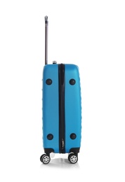 Photo of Blue suitcase for travelling on white background