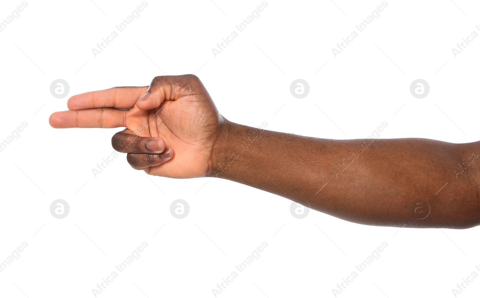 Photo of African-American man showing shoot gesture on white background, closeup