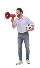Photo of Emotional sports fan with soccer ball and megaphone on white background