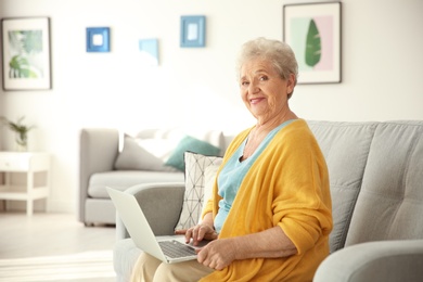 Elderly woman using laptop in living room