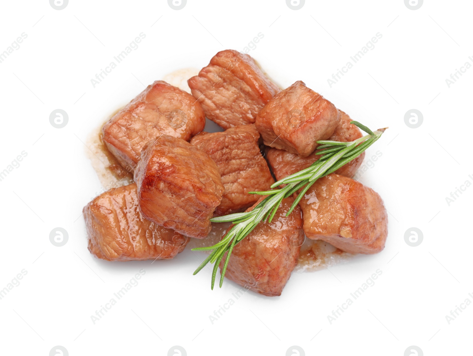 Photo of Pieces of delicious cooked beef and rosemary isolated on white, top view. Tasty goulash