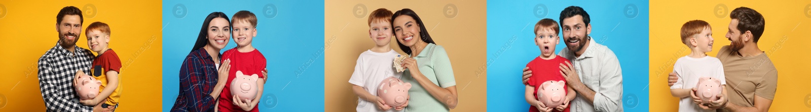 Image of Collage with photos of people holding ceramic piggy banks on different color backgrounds. Banner design