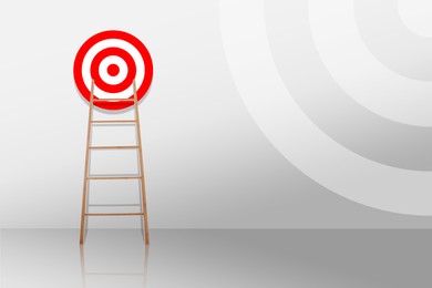 Image of Target and achievement concept. Wooden ladder leading to bullseye on light grey background