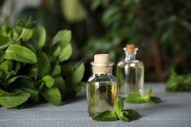 Bottles of mint essential oil and green leaves on grey wooden table