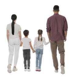 Photo of Children with their parents on white background, back view