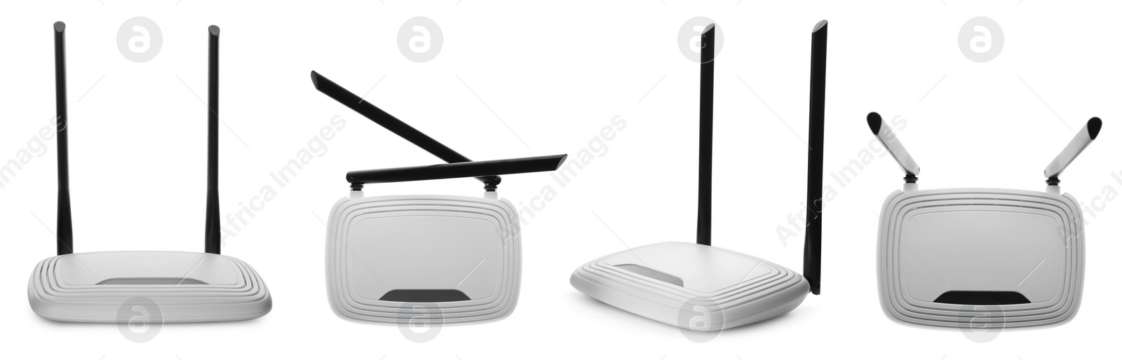 Image of Set with modern Wi-Fi routers on white background. Banner design