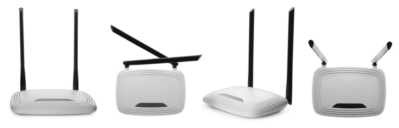 Image of Set with modern Wi-Fi routers on white background. Banner design