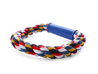 Photo of Rope ring for dog on white background. Pet toy