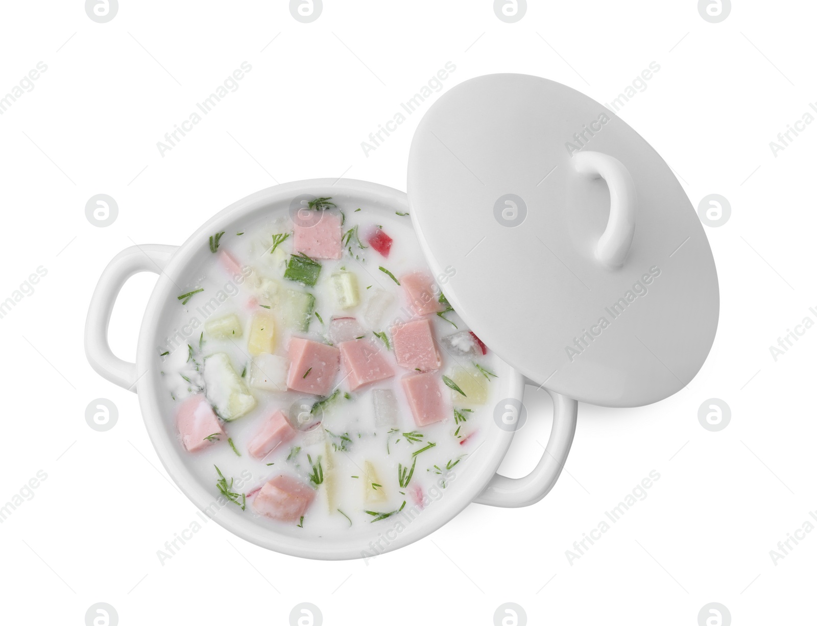 Photo of Delicious cold summer soup (okroshka) with boiled sausage in pot isolated on white, top view