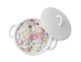 Photo of Delicious cold summer soup (okroshka) with boiled sausage in pot isolated on white, top view