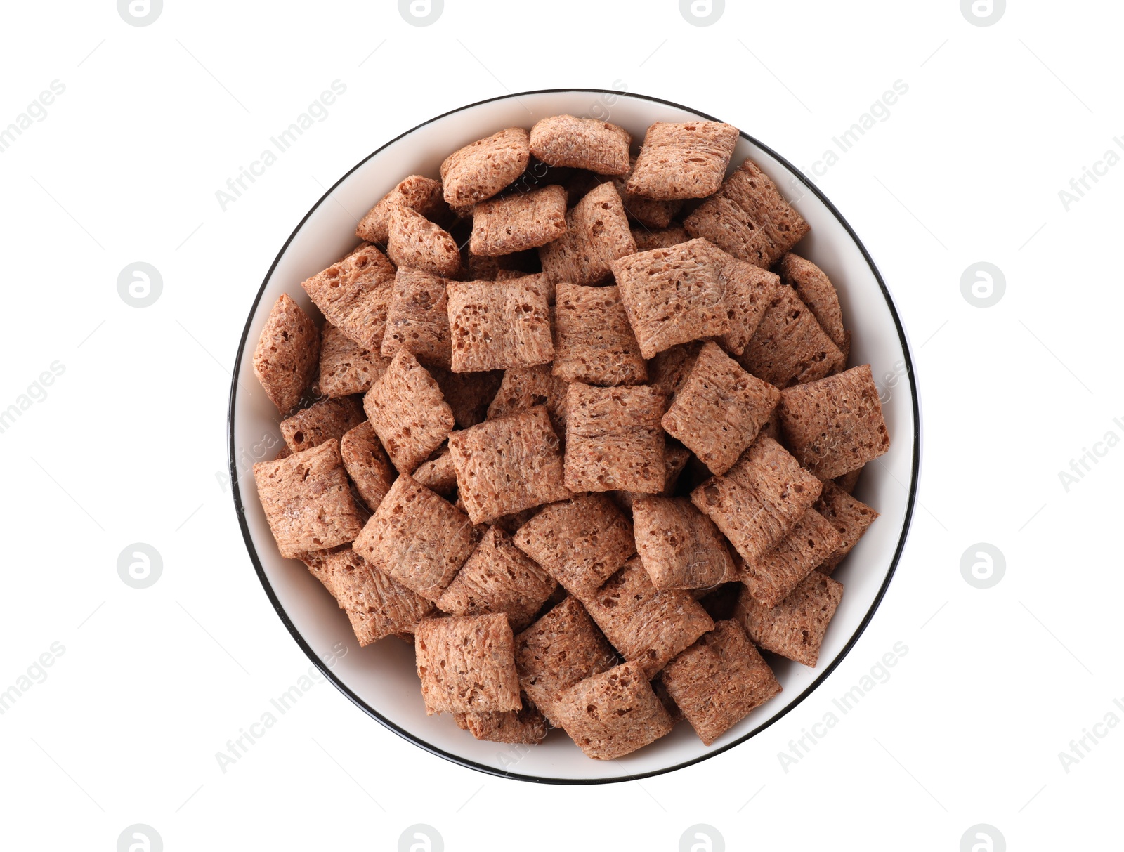 Photo of Sweet crispy corn pads in bowl isolated on white, top view