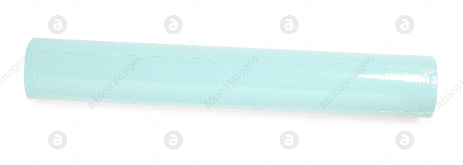 Photo of One light turquoise wallpaper roll isolated on white, top view