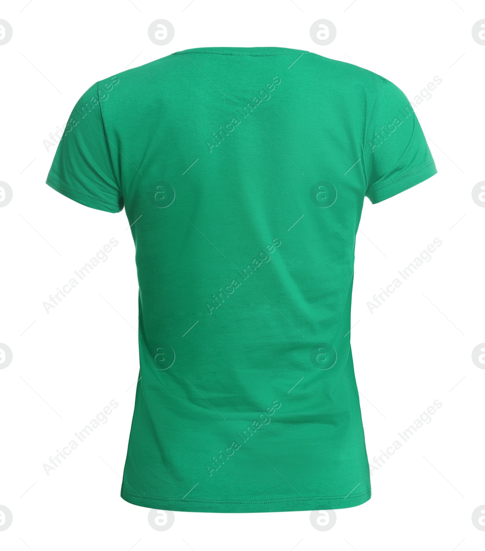 Photo of Stylish green women's t-shirt isolated on white. Mockup for design