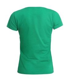 Photo of Stylish green women's t-shirt isolated on white. Mockup for design