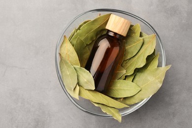 Bottle of bay essential oil and fresh leaves in bowl on light grey table, top view