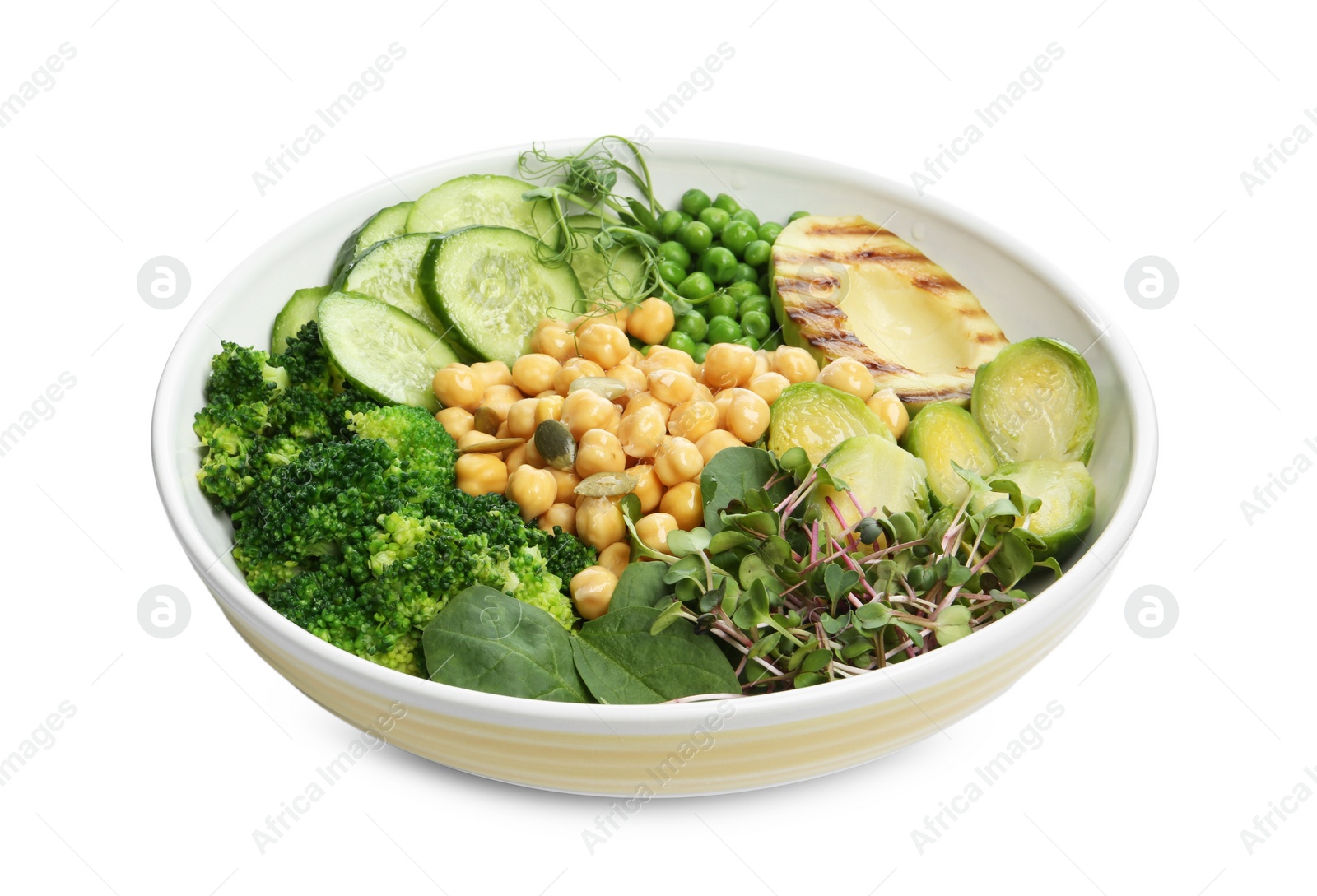 Photo of Healthy meal. Tasty vegetables and chickpeas in bowl isolated on white