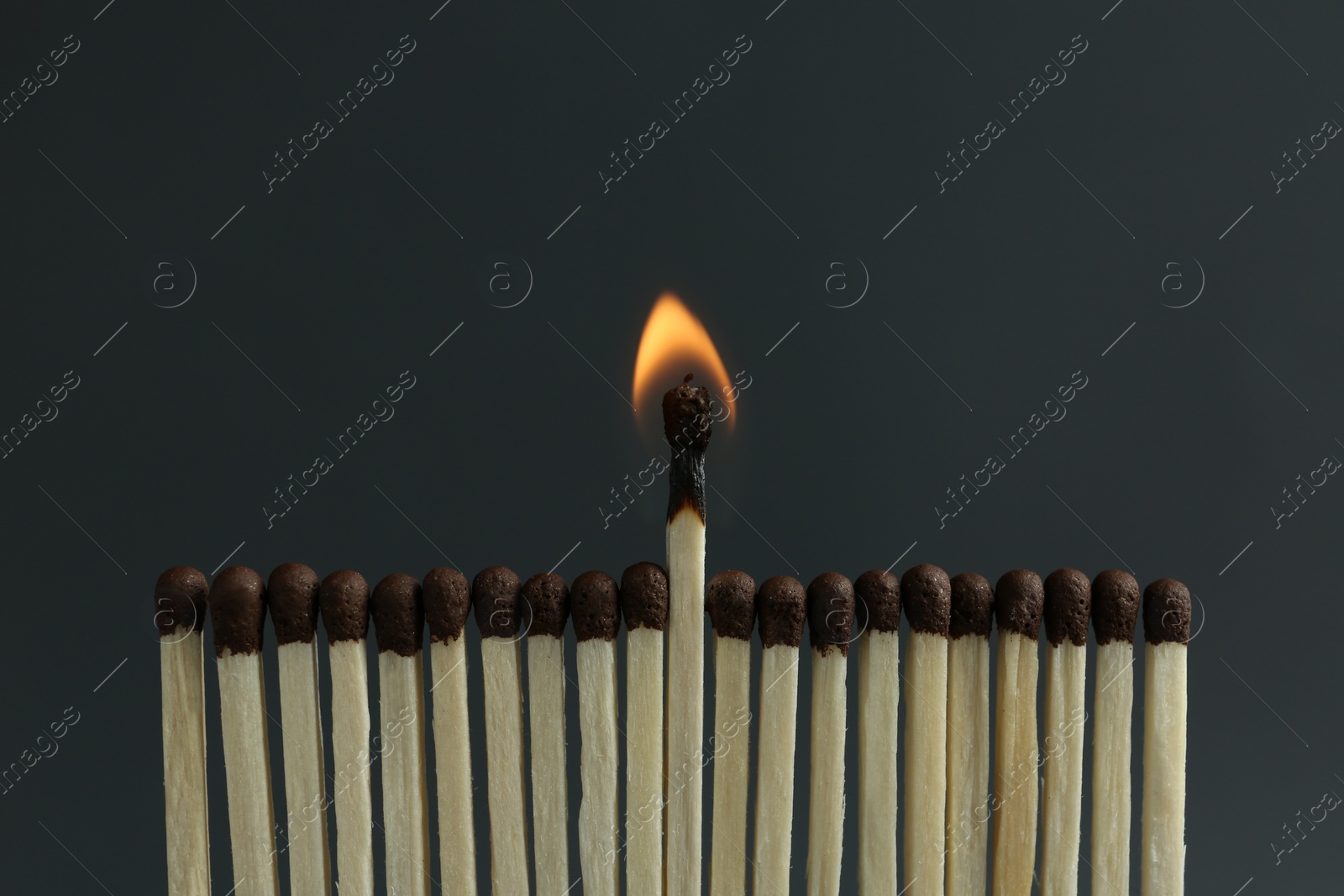 Photo of Burning match among unlit ones on black background, closeup