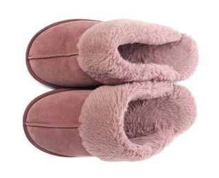 Photo of Pair of pink soft slippers isolated on white, top view