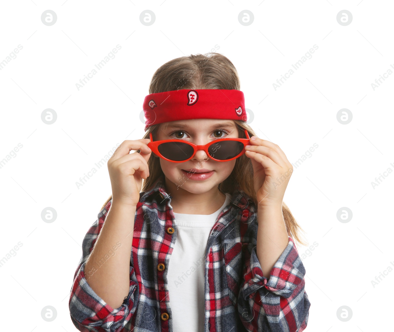 Photo of Cute little girl wearing stylish bandana and sunglasses on white background