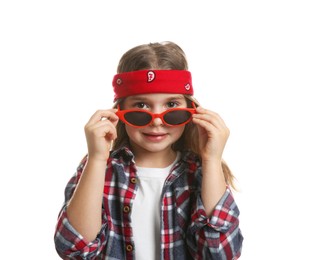 Cute little girl wearing stylish bandana and sunglasses on white background