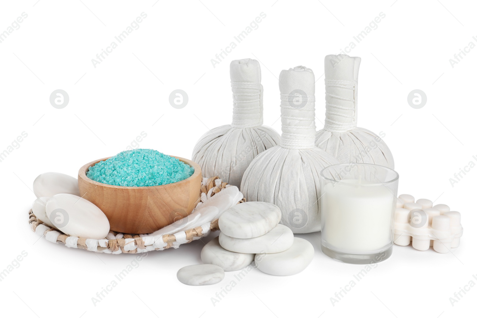 Photo of Beautiful spa composition with different body care products isolated on white