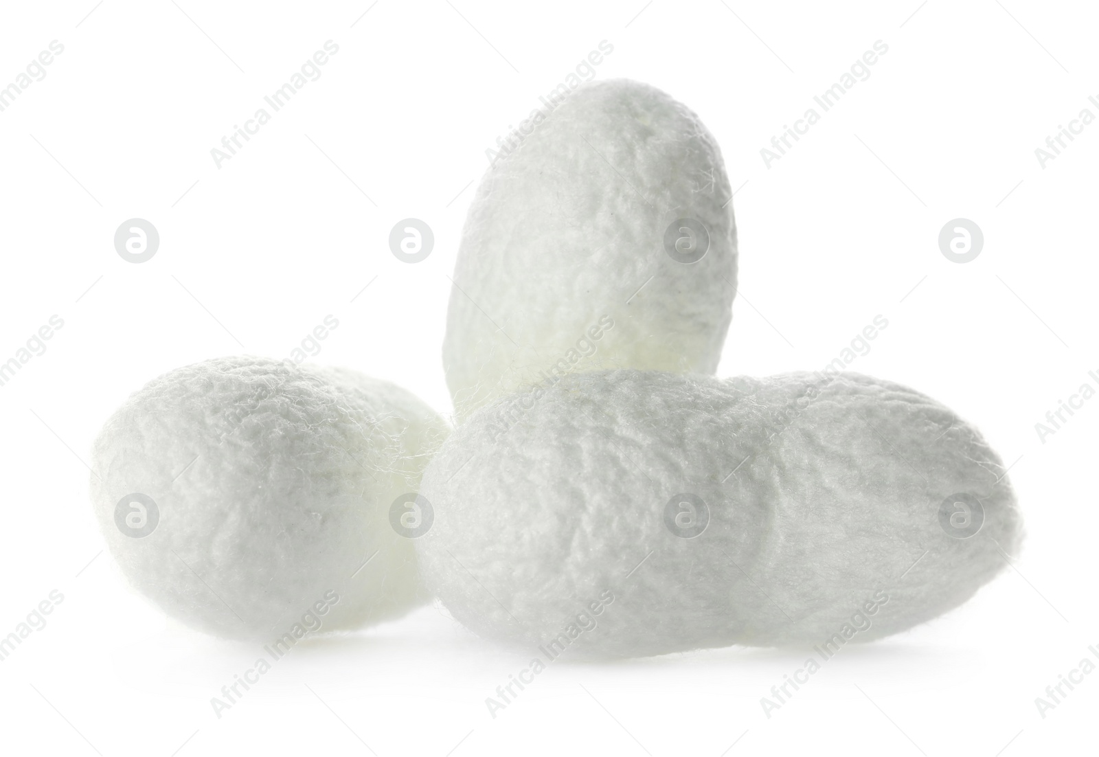 Photo of Beautiful natural silkworm cocoons on white background