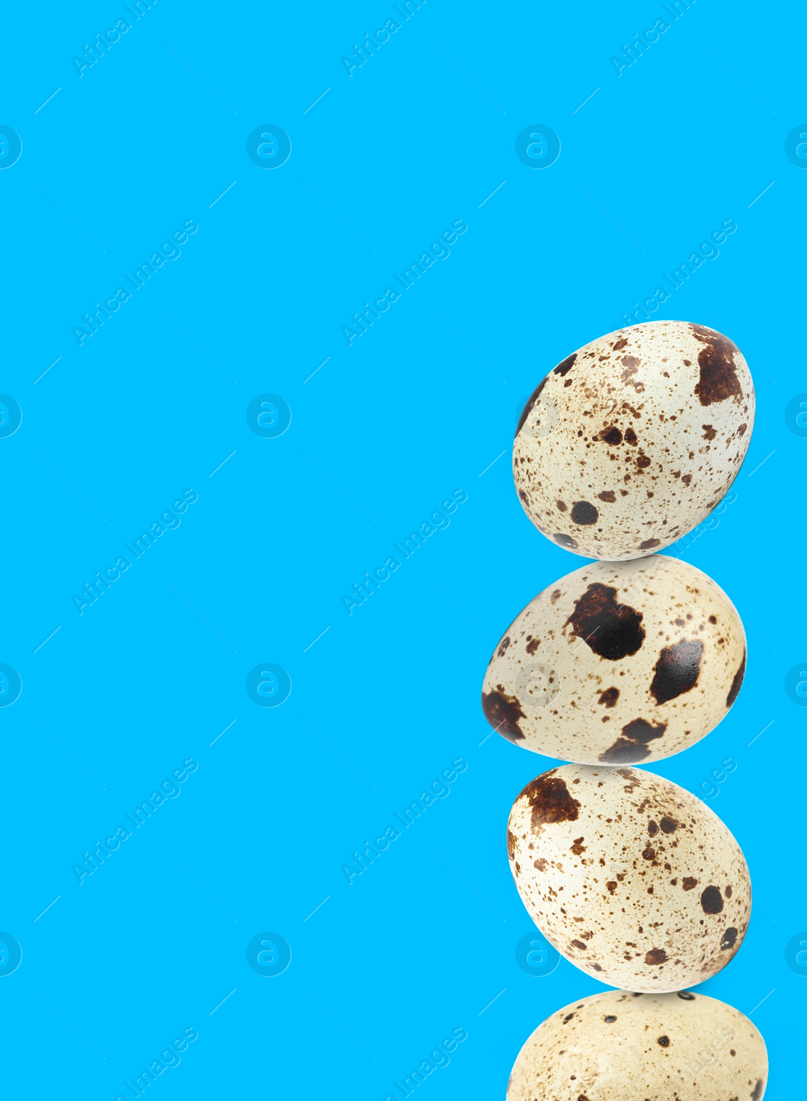 Image of Stacked speckled quail eggs on light blue background. Space for text