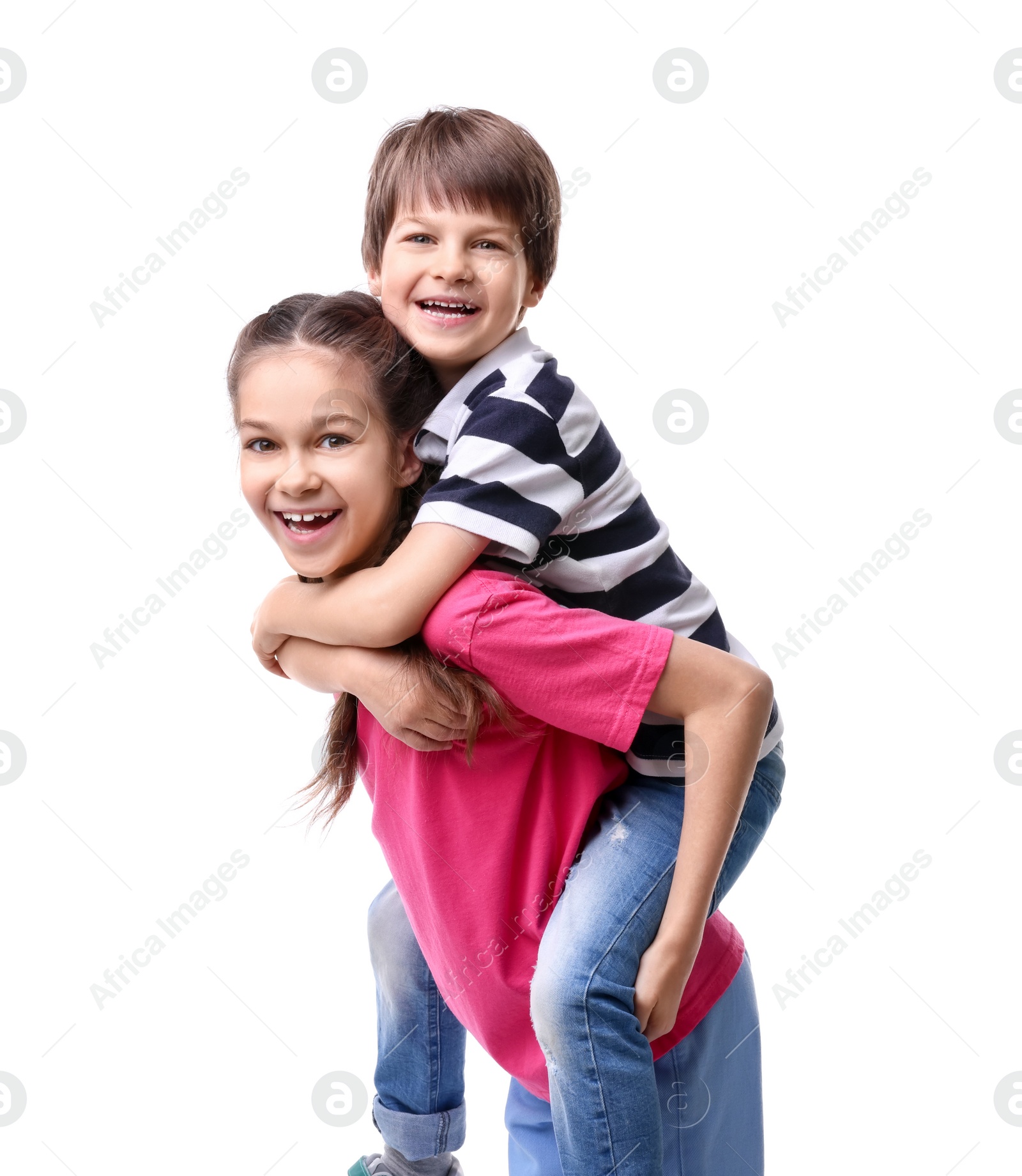 Photo of Happy brother and sister on white background