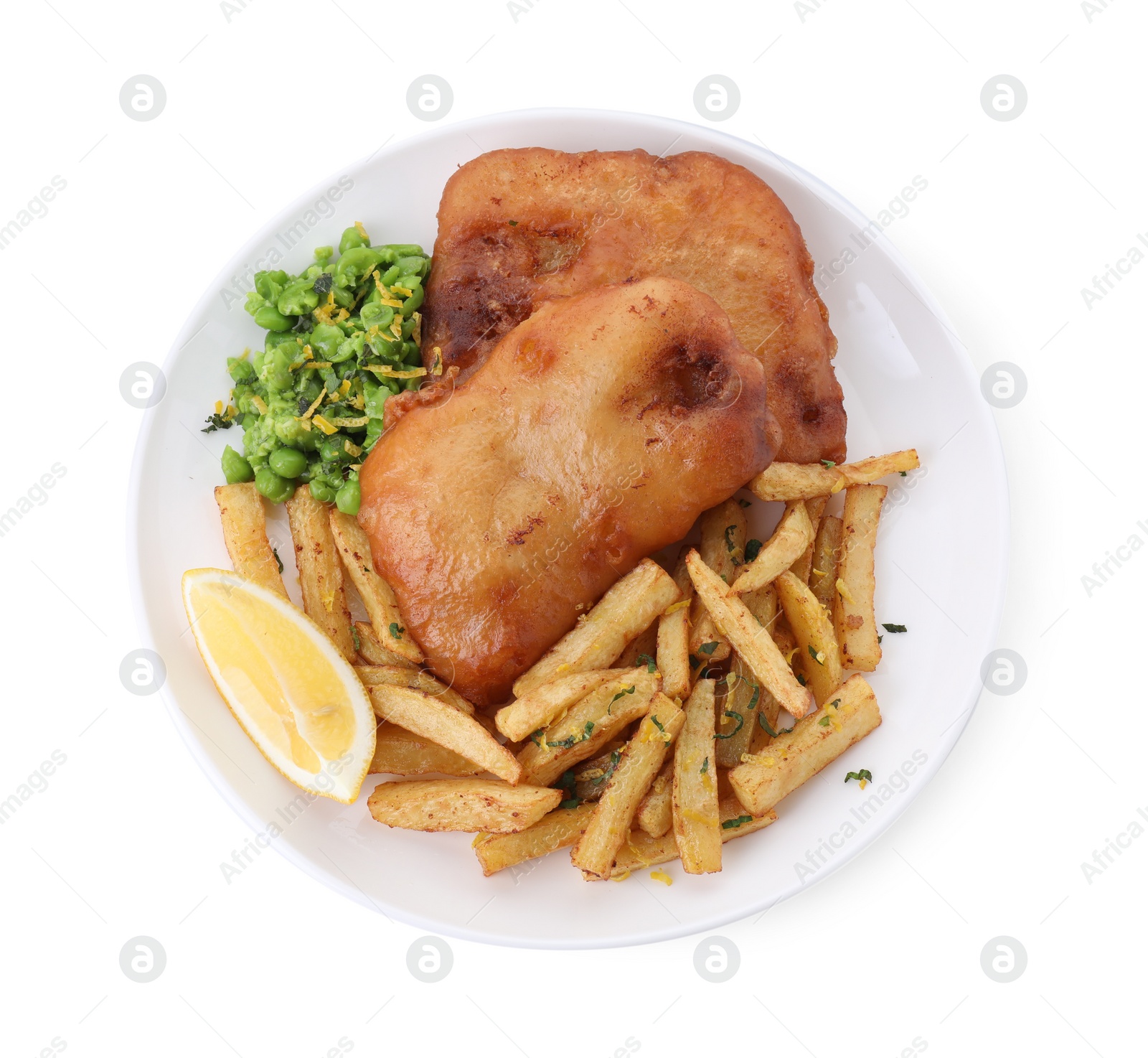 Photo of Tasty fish, chips, peas and lemon isolated on white, top view