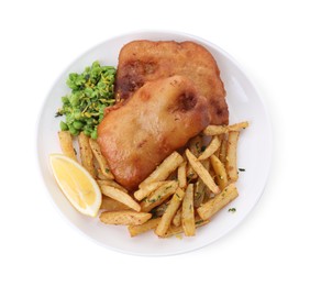 Photo of Tasty fish, chips, peas and lemon isolated on white, top view