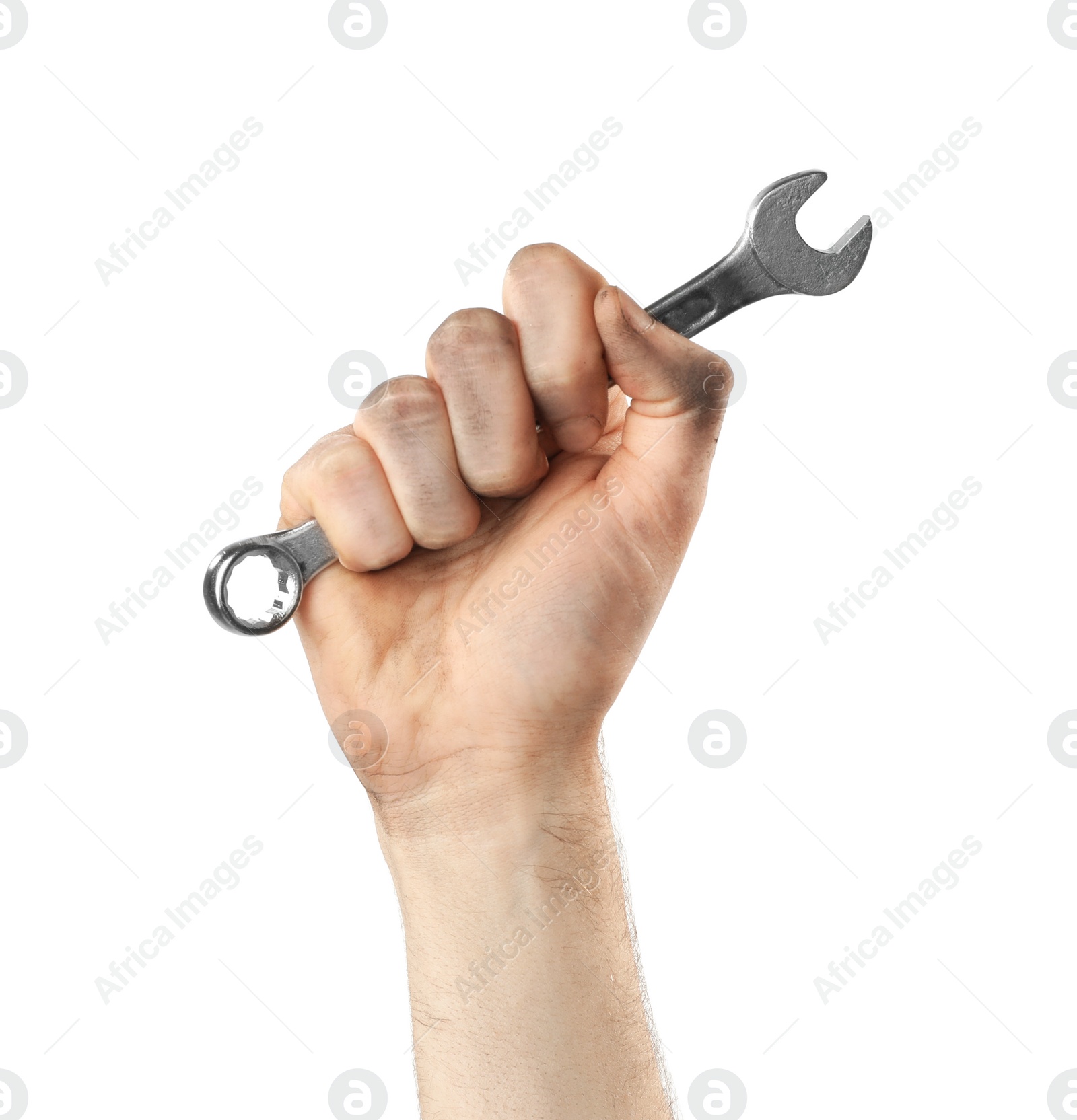 Photo of Man holding combination wrench isolated on white, closeup. Plumbing tools