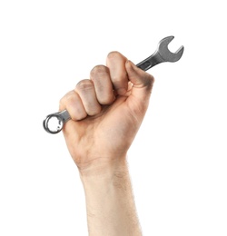 Photo of Man holding combination wrench isolated on white, closeup. Plumbing tools