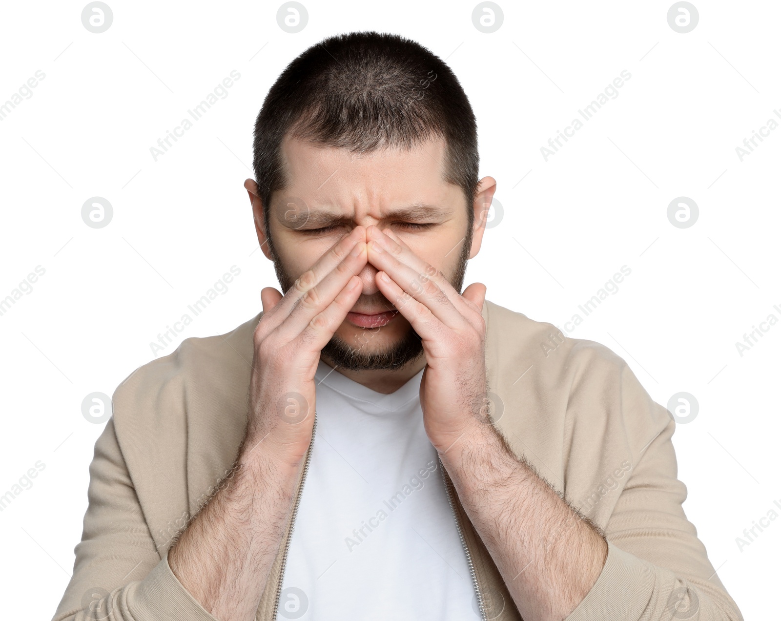 Photo of Man suffering from headache on white background