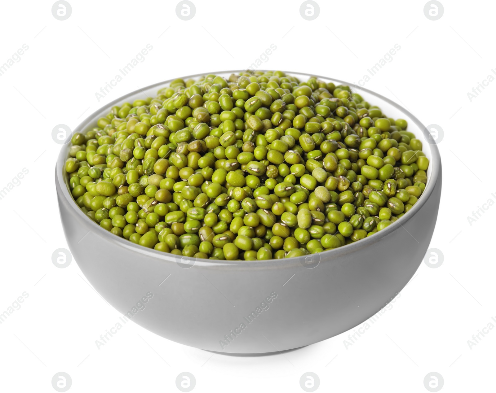 Photo of Bowl with green mung beans isolated on white. Organic grains