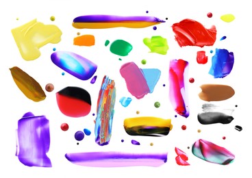 Image of Set with paint samples of different colors isolated on white, top view