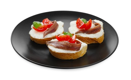 Photo of Delicious sandwiches with cream cheese, anchovies, tomatoes and basil on white background