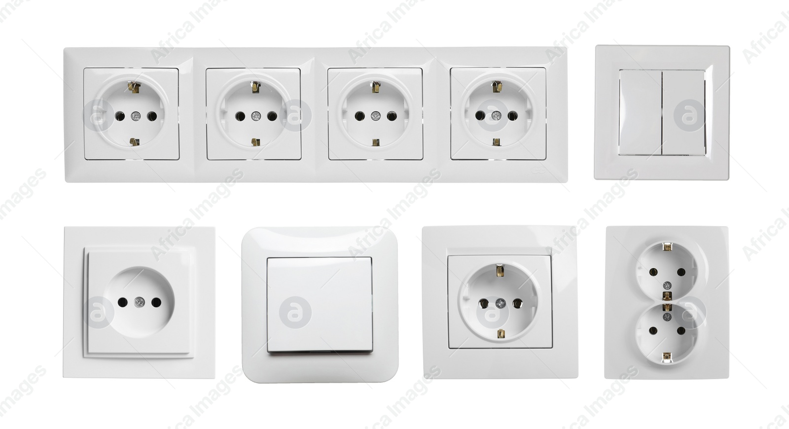 Image of Set with modern plastic power sockets and light switches on white background. Banner design