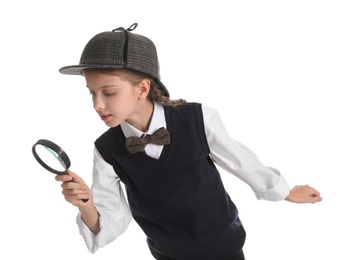 Photo of Cute little detective with magnifying glass on white background