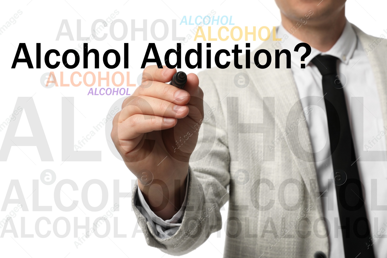 Image of Alcohol addiction? - We can help you. Closeup view of man with marker and inscription on white background