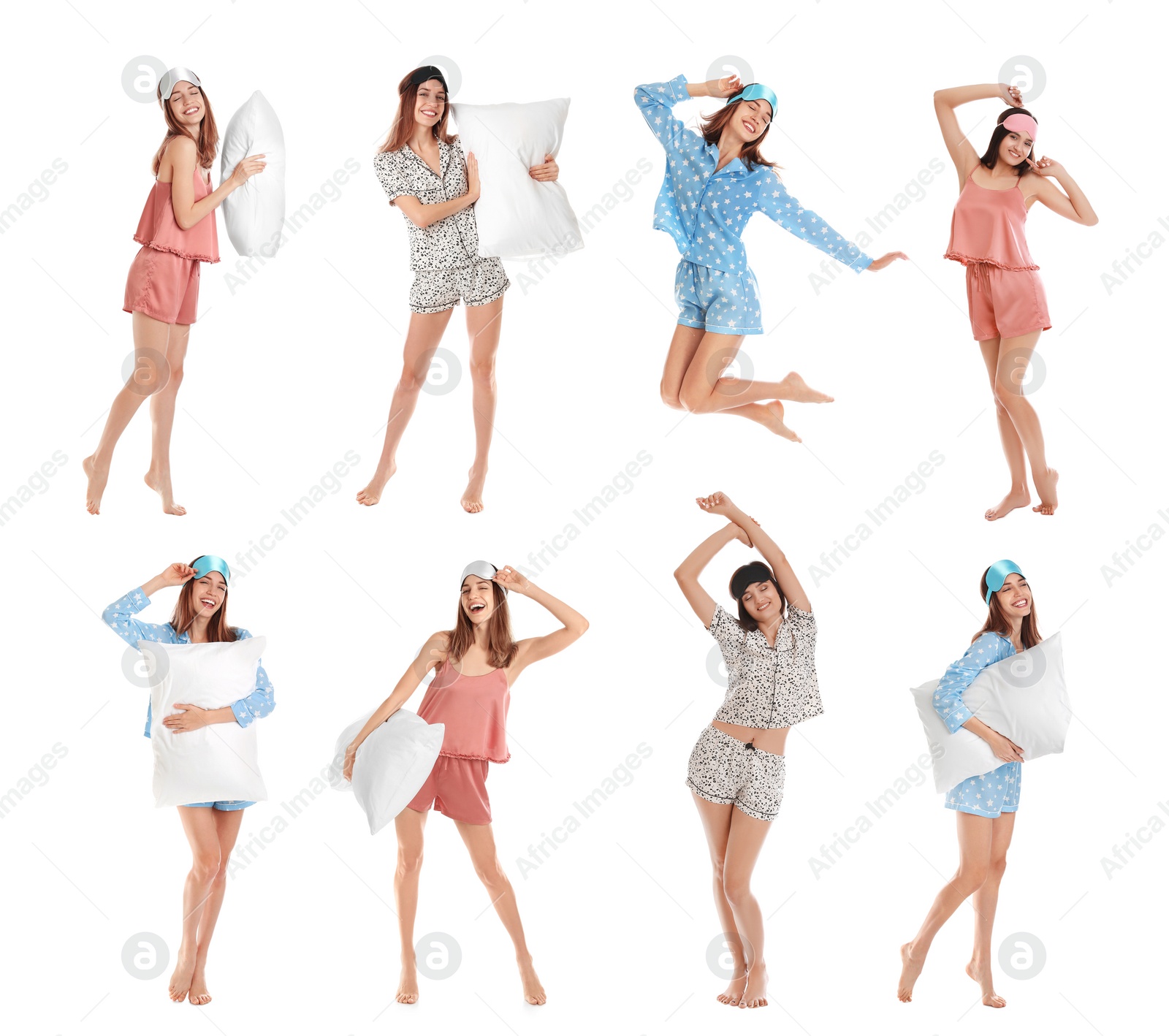 Image of Collage of women with sleep masks on white background. Bedtime