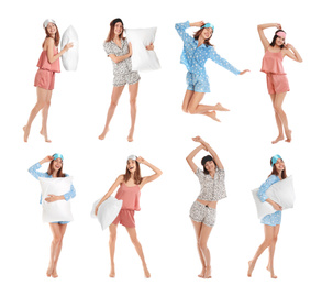 Collage of women with sleep masks on white background. Bedtime