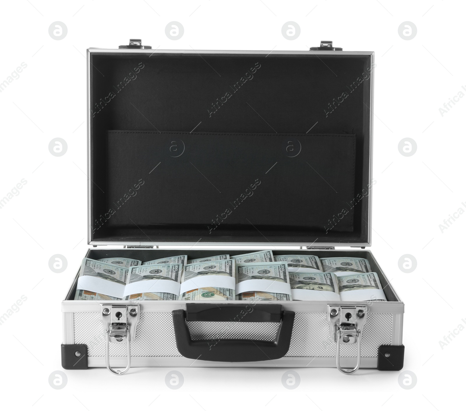 Photo of Open hard case full of money on white background