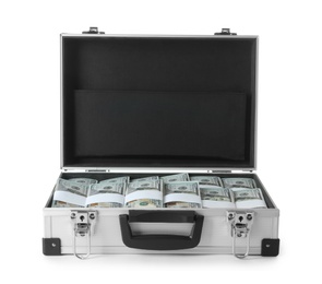 Open hard case full of money on white background