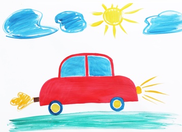 Photo of Colorful children painting of red car on white background