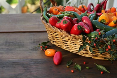 Photo of Many different fresh chilli peppers on wooden table, space for text