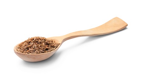 Spoon of aromatic caraway (Persian cumin) seeds isolated on white