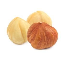 Tasty organic hazelnuts on white background. Healthy snack